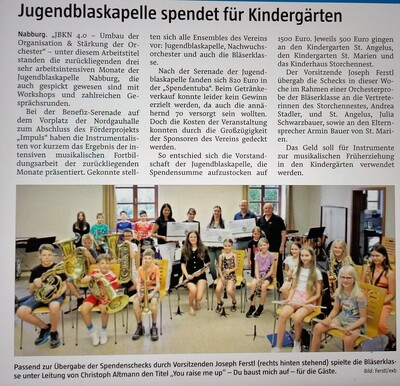 Große Freude über Spende von der Jugendblaskapelle